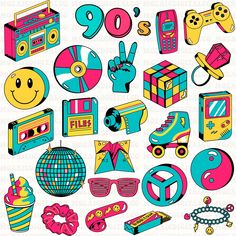 an assortment of retro style items on a white background, including sunglasses, headphones and other