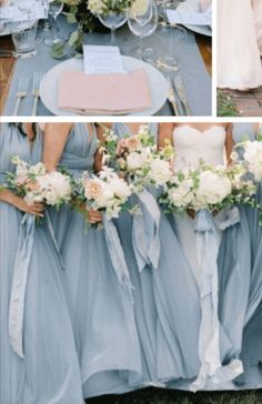 the bridesmaids are wearing blue dresses and holding bouquets with white flowers on them