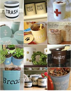 several different types of kitchen canisters with labels on them and some plants in them