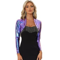 The holographic fabric of this bolero adds a bold and daring touch that is perfect for making a statement at any party or event. Made from lightweight and breathable fabric, this bolero offers comfort and ease of movement all night long. With its cropped length, this bolero pairs perfectly with dresses, jumpsuits, or even high-waisted jeans for a stylish and trendy look. Occasion: Office, Party, Cocktail, Club, Wedding, Vacation, Travel, Holiday, Beach, Going Out, Street, Shopping, Coffee Shop, Winter Party Fitted Shrug, Purple Winter Party Top, Holographic Party, Holographic Fabric, Long Sleeve Shrug, Street Shopping, Shrug For Dresses, Cocktail Club, Purple Outfits