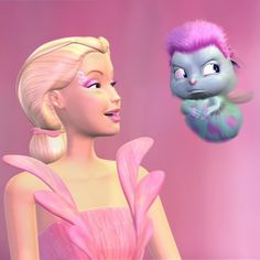 a woman in a pink dress is looking at a blue cat that appears to be flying over her head