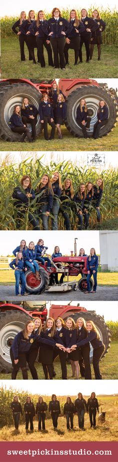 four different pictures of people standing in front of an old tractor