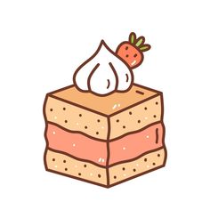 a piece of cake with a strawberry on top is shown in this hand drawn illustration