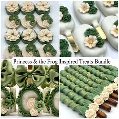 princess and the frog inspired treats bundle are shown in three different pictures, including cookies, cupcakes, cake decorations, and candies