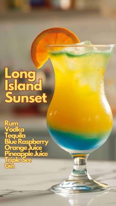 the long island sunset cocktail is garnished with an orange slice and blue liquid