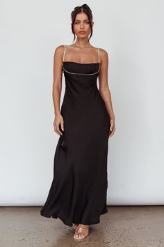 Shop the Linka Diamante Strap Maxi Dress Black | Selfie Leslie Strap Maxi Dress, Yellow Bridesmaids, Veil Hairstyles, Maxi Dress Black, Blue Bridesmaids, Iron Material, Dress Satin, Date Night Dresses, Mini Dress Casual