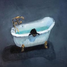 an oil painting of a bathtub with a black cat in it's tub