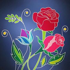 three red roses with green leaves on a blue background