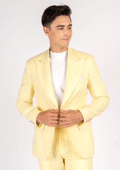 Liberty Light Yellow Linen Suit Luxury Semi-formal Suits For Spring, Tailored Linen Summer Blazer, Summer Tailored Linen Blazer, Fitted Linen Blazer For Spring, Fitted Linen Summer Suits, Elegant Linen Summer Sets, Elegant Summer Linen Sets, Summer Fitted Linen Suit, Luxury Spring Suits With Notch Lapel