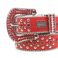 The Red Strap with Red Studded Rhinestone BB Belt is a stunning and unique accessory that can add a touch of glam to any outfit. Made from high-quality materials, this belt features a bright red strap with red studded rhinestones, paired with a bold "BB" buckle that catches the eye. The striking design of this belt is sure to make you stand out from the crowd. Designed to be unisex, this belt is perfect for both men and women. It can be worn with jeans, pants, shorts, or skirts, making it a vers Luxury Red Rhinestone Jewelry, Red Embellished Party Jewelry, Trendy Red Jewelry With Rhinestones, Bb Belt, Belt Store, Leopard Print Belt, Belt Plus Size, Bling Belts, Belts Men