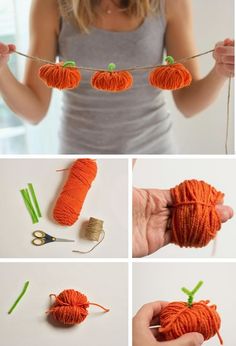 there are several pictures of yarn being made to look like pumpkins and carrots