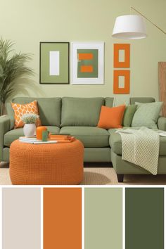 a living room with orange and green colors in the color scheme, including an orange ottoman