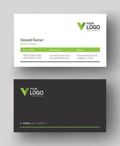 a business card with green and black accents on the front, and an image of a v logo on the back