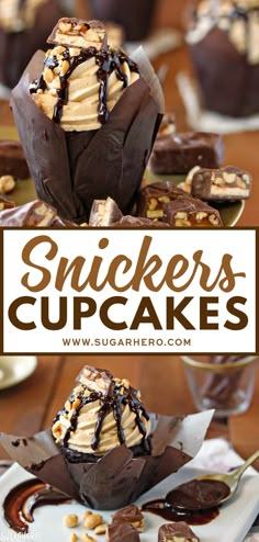 snickkers cupcakes with chocolate frosting and nuts on top