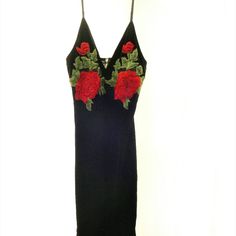 Super Soft & Sexy K Too Black Velvet Rose Appliques Bodycon Slip Dress Size Small Handwash Cold & Line Dry Stretch Velvet Fabric Measurements Chest: 32-34" Waist: 30" Length: 35" Construction Of Dress Gives Bust A Lift And Creates Buxom Appearance Form Fitting. Can Be Worn As Lingerie Or Evening Dress Black Rose Print Dress For Night Out, Black Velvet Floral Dress, Cocktail Velvet V-neck Mini Dress, 90s Black Velvet Dress, Crushed Velvet Pink Flower Print Dress, Roses Dress, Dolce & Gabbana Velvet Rose Dress, Velvet Rose, Rose Applique