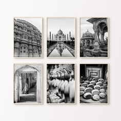 four black and white photographs hanging on a wall