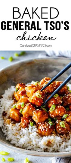 a plate full of chicken with chopsticks in it and the words baked general tso's chicken on top