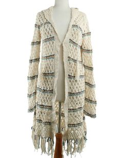 Free People Women Cardigan Sweater "Sunblock Cardi" Mesh Knit Fringed, Ivory  Style  F850X760 MSRP $168 Size: Small Measurements 44" Length, includes 5" Fringe 28" Pit to Pit 24" Shoulder to Wrist Sleeves 86% Cotton, 11% Acrylic, 3% Other Fabrics Hand Wash, Lay Flat to Dry Open Front with One Fastener Hood with Tassel Ends for Neckline Tie Closure We do recommend choosing Standard or Expedited at checkout if you need your item faster Boho Cardigan Free People, Long Sleeve Knit Outerwear With Fringe, One Size Long Sleeve Fringe Cardigan, Cream Bohemian V-neck Cardigan, Free People Cardigan, Free People Sweaters & Cardigans, People Women, Long Sweater, Cardigan Long