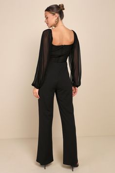 The first step for a successful date night is you in the Lulus Instant Attraction Black Mesh Lace Long Sleeve Bustier Jumpsuit! This sultry jumpsuit has a stretchy, sheer mesh and lace composition that shapes a sweetheart neckline and a bustier-inspired bodice with seamed cups and supportive underwire. Long sheer balloon sleeves (with elasticized shoulders and cuffs) frame the high-fitted waist that sits atop full-length, straight pant legs with a crepe knit fabrication. Hidden back zipper/clasp Fitted Strapless Jumpsuit For Spring Cocktail, Chic Fitted Strapless Jumpsuit For Evening, Solid Strapless Fitted Jumpsuit For Date Night, Chic Fitted Strapless Jumpsuit For Going Out, Chic Black Strapless Jumpsuit For Cocktail, Fitted Strapless Jumpsuit For Night Out In Spring, Elegant Fitted Strapless Jumpsuit For Going Out, Fitted Strapless Jumpsuit For Spring Night Out, Glamorous Fitted Strapless Jumpsuit For Date Night