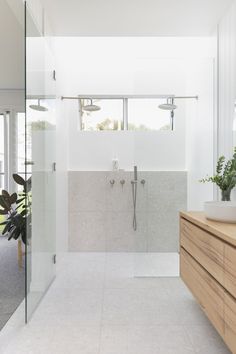 a bathroom with a walk in shower sitting next to a wooden dresser and potted plant