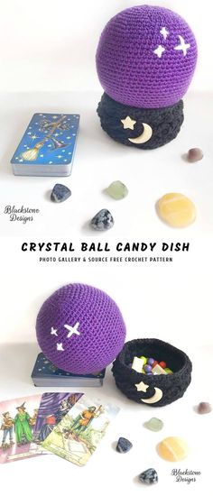 the crochet ball candy dish is next to some rocks and a book on top