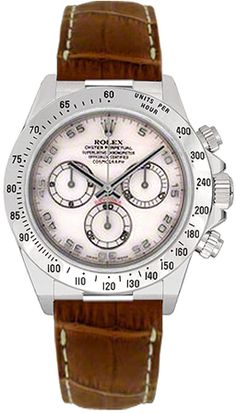 116519 Rolex Cosmograph Daytona Men's Luxury Watch Store Display Model (What's This?) - With Manufacturer Serial Numbers - Swiss Made - White Mother of Pearl Dial - Arabic Numeral Hour Markers - Polished Solid 18k White Gold Bezel     Tachymeter Scale on Bezel - Chronograph Feature     Large Central Chronograph Second Hand     30 Minute Counter Sub-Dial at 3 O'Clock     12 Hour Counter Sub-Dial at 9 O'Clock - Small Seconds Sub-Dial at 6 O'Clock - Stop-seconds for Precise Time Setting - 72 Hour Power Reserve - Self-winding Automatic Movement     COSC Superlative Chronometer Certified - Rolex Caliber 4130 - Vibrations Per Hour: 28,800 - Jewels: 44 - 6 Year Warranty - Guaranteed Authentic - Certificate of Authenticity - Manufacturer Box & Manual - Polished with Brushed Solid 18k White Gold Ca Rolex Cosmograph Daytona, Cosmograph Daytona, Rolex Men, Rolex Oyster Perpetual, Rolex Oyster, Oyster Perpetual, Mens Luxury, Men's Watches, Gold Case