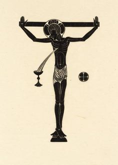 a black and white drawing of a crucifix with an hour on it