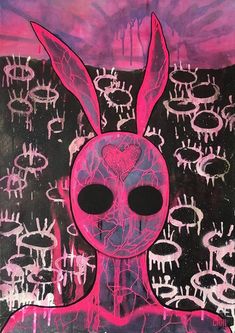 a painting of a rabbit with pink paint on it's face and ears, in front of a purple background