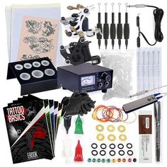 the contents of a tattoo kit including ink, scissors, needles and other items are shown