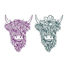 two cows with long hair and flowers on their heads, one is pink and the other is green