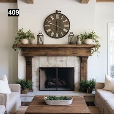 a living room with a large clock above the fireplace