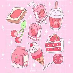 some food and drinks on a pink background