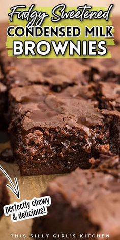 chocolate brownies are stacked on top of each other with the words, fudge sweetened