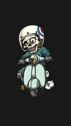 a skeleton riding a scooter with a helmet on it's head and wearing a