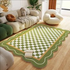 a green and white rug in the middle of a living room with chairs, couches and a teddy bear