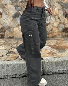 Green Cargo Pants Pocket Design High Waist Button Solid Color Pants 2024 Summer New Fashion Loose Women's Pants Streetwear AMAIO Celana Kargo, High Waisted Cargo Pants, Retro Pants, Black Overalls, Green Cargo Pants, Solid Color Pants, High Waist Fashion, Baggy Pants, Women Cargos