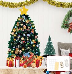 a decorated christmas tree with presents under it