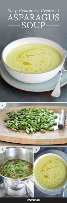 the instructions for how to make asparagus soup are shown in three different pictures