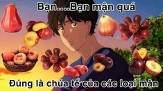 an anime character with fruits and vegetables in front of the caption that reads, ban ban man qa