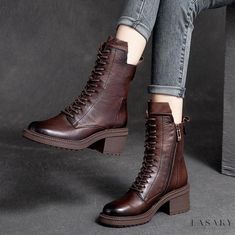 Lasaky - Genuine Leather Vintage High-Heel Riding Boots with Round Toe and Chunky Heel Design, Featuring Warm Cotton Lining Heeled Combat Boots, Vintage High Heels, Womens Leather Ankle Boots, Casual Wedges, Brown Cowhide, Brown Ankle Boots, Motorcycle Boots, Lace Up Heels, Wedge Boots