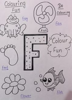 the letter f is for fish and other things that are drawn on paper with colored pencils