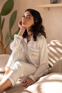 Pajama Set With Shirt and Pants ABOUT ITEM : A perfect combination of comfort and style! They are designed to be have the comfy fit of loungewear without sacrificing appearance. It is hard not to look classy wearing satin sleep ware and the silky-smooth feel feels amazing on the skin. SIZES : If your measurements do not match to our size guide please write to us and our workshop will carry out your measurement on order at no additional cost. Careful! Custom products are not returned! If you have White Bridesmaid Gift Sets, White Long Sleeve Sets For Wedding Night, White Long Sleeve Sets For Wedding, White Sets For Bridesmaid Gift, Long Sleeve Sets For Bridesmaids, White Long Sleeve Sleepwear For Wedding, Sleep Ware, Bridesmaid Pajama, Bride Pajama