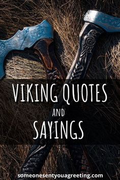 two axes with the words viking quotes and sayings on them, in front of some dry grass