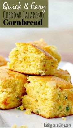 cornbreads stacked on top of each other with the words cheddar jalapeno cornbread