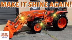 an orange tractor parked in front of a garage door with fireworks coming out of it