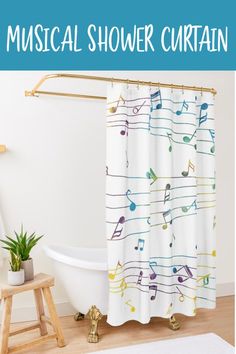 white shower curtain with music notes in yellow, purple, blue, turquoise and green A Staff, Music Notes, Music Lovers, Housewarming Gift, Shower Curtain, Tie Dye, Dye, Shower