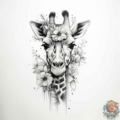 a drawing of a giraffe with flowers on it's neck and head