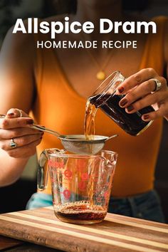 a woman pours tea into a glass pitcher with the words, allspice drama homemade recipe