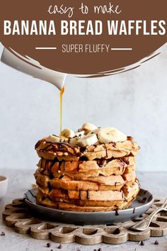 a stack of banana bread waffles with syrup being drizzled on top