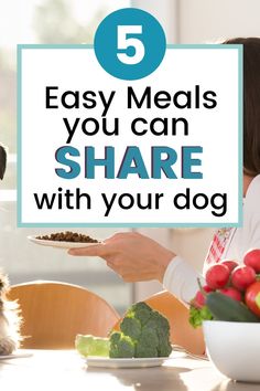 a woman holding a plate with food in front of her and a dog on the other side